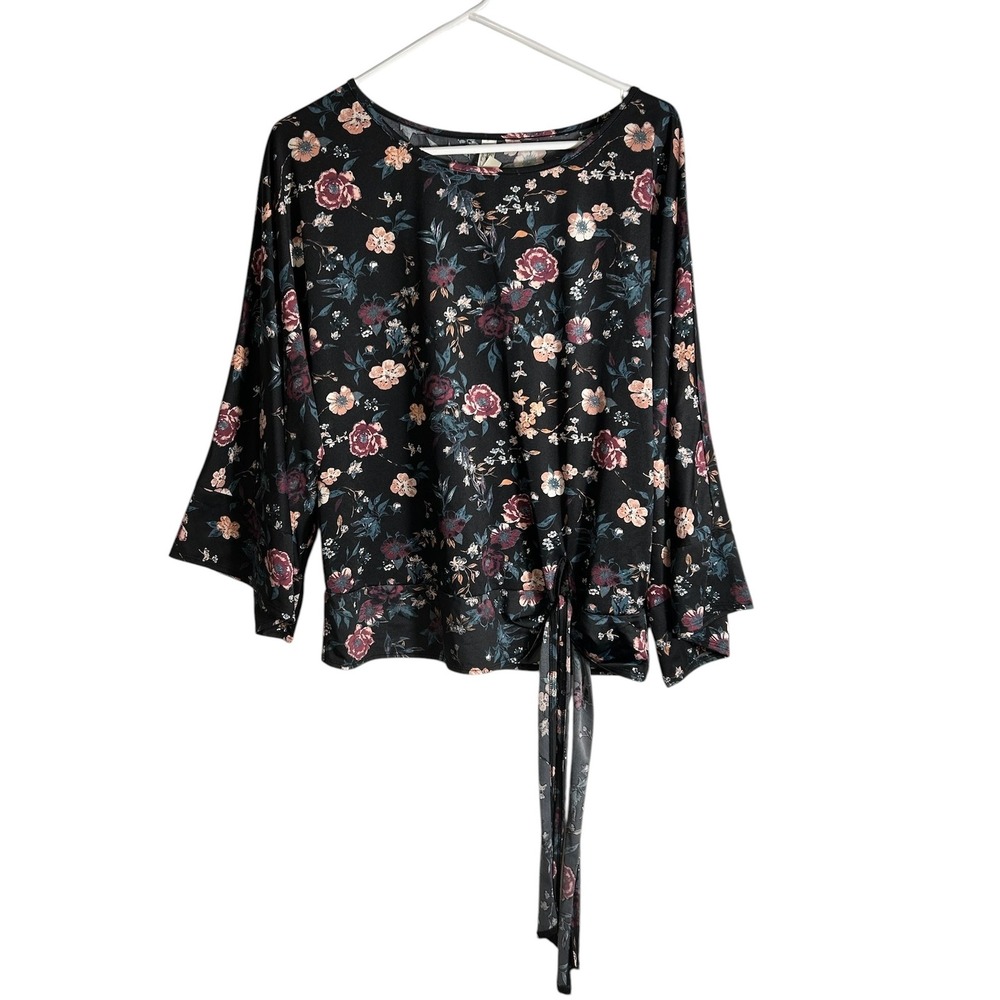 PerSeption‎ Concept XL Black Floral Bell Sleeve Front Tie Blouse Top 113078